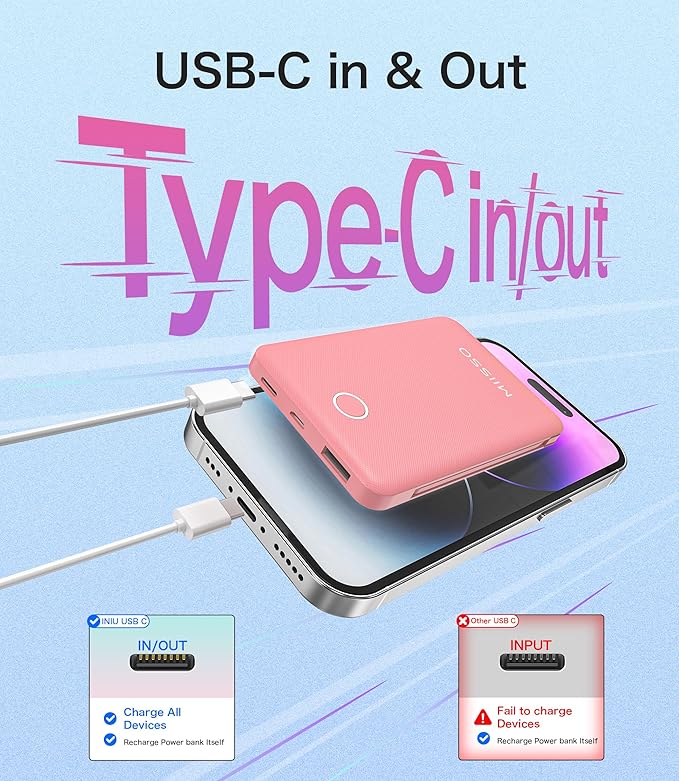 6000mah Ultra Slim Built in Cables Power Bank, Card Size Built in USB C Cords Battery Pack Portable Charger for Phones, 3 Output External Battery Pack Compatible with iPhone, Samsung, Deep Pink