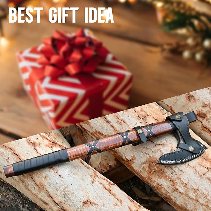 22-Inch Hand-Forged Viking Bearded Axe with Sheath – Survival & Camping Hatchet for Men – Best Gift (Brown Ragnar)