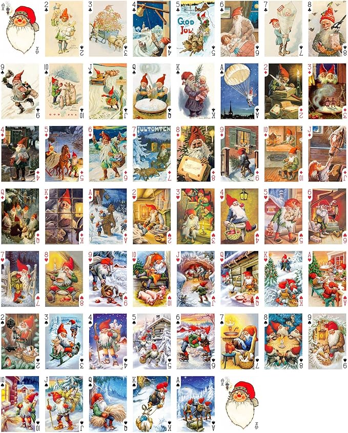 Christmas Gnomes Playing Cards (Poker Deck 54 Cards All Different) Christmas Gnomes Winter Dwarves Vintage Postcards Posters Carlsson