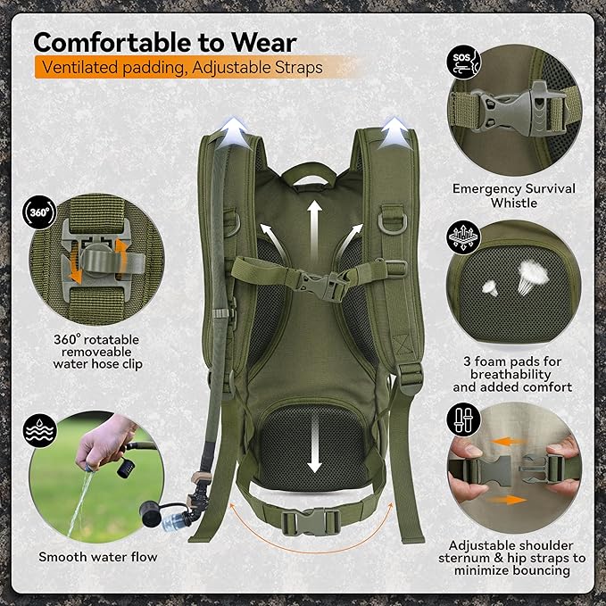 MARCHWAY Tactical Molle Hydration Pack with 2.5L TPU Water Bladder, Low-Profile Organized Military Backpack for Hiking, Cycling, Backpacking, Hunting, Running