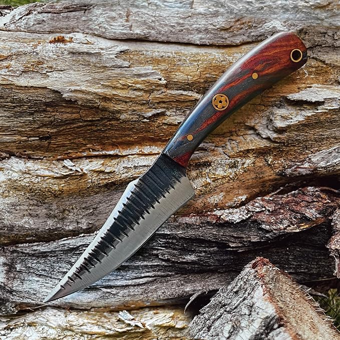 Titan International Knives Handmade Skinning Knife Carbon 1080 Steel | Fixed Blade Knife Color Coated Hand Pounded |Walnut Wood Handle with Leather Sheath | Perfect for Camping and Outdoor Activities