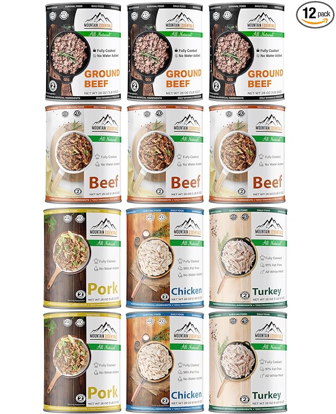 MOUNTAIN ESSENTIALS Fully Cooked Ready to Eat Canned Meat Variety Pack 28 Oz – 3 Beef, 3 Ground Beef, 2 Chicken, 2 Turkey, 2 Pork – Pantry Staples for Daily Use & Emergency Meals – Made in USA 12 Pack