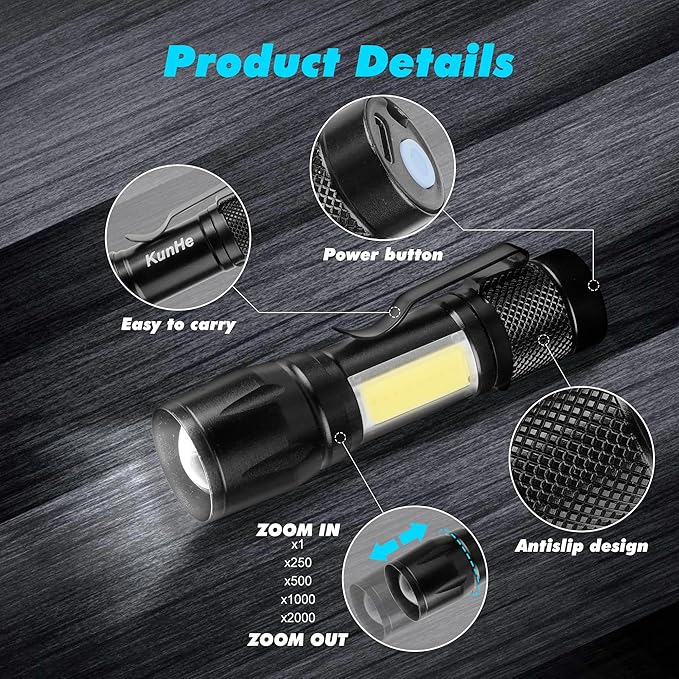 KunHe Rechargeable Flashlights USB-C mini Small LED Lantern Flashlights Bright Clip-On Light EDC Flash Light with Side COB Light for Camping Home Emergency 4 Pack
