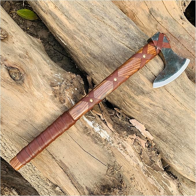 Ragnar Lothbrok Viking Style Axe with Forged Carbon Steel Blade, Handcrafted Rosewood Handle and Decorative Leather Sheath | Norse Inspired Collectible Gift for Men