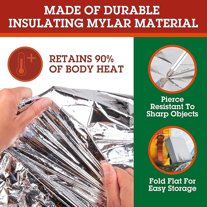 Emergency Mylar Thermal Blankets (12 Pack) Survival Kit Camping Space Blanket - Perfect for Hiking, Outdoors, Marathon Runs or First Aid Set- Bug Out Bag Essential - Keep Heat Insulated