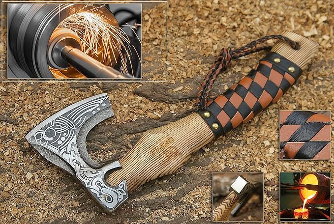 13??Inch Valhalla Axe ??Carbon Steel Viking Axe Head with Engraved Handle, Hatchet Axe with Genuine Leather Sheath and Wrap, Camping Axe, Throwing Axe -Viking Gift for Men