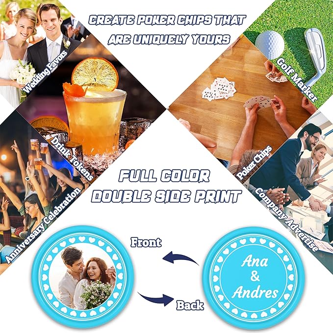 200-1000 Custom Plastic Poker Chips,Drink Chips,Personalized Your Own Logo, Image and Text, Double Sided Full Color Printing Custom Tokens For Bar, Events, Weddings, Business Card & Promotional Tokens