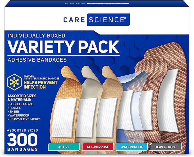 Care Science Variety Bandages Pack, 300 ct Bulk Assorted Sizes | Includes Active, All-Purpose, Waterproof, Heavy-Duty | Breathable Protection for First Aid