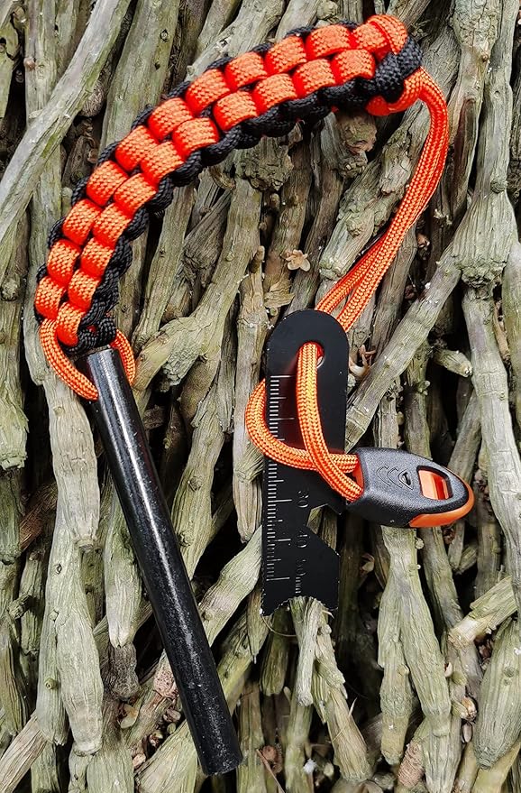 Drilled Ferro Rod Fire Starter, FOSTAR 4 Inch Flint Steel with Paracord Lanyard Handle, Striker and Whistle, for Emergency Survival Kits, Hiking, Camping All-Weather Ferrocerium Rod