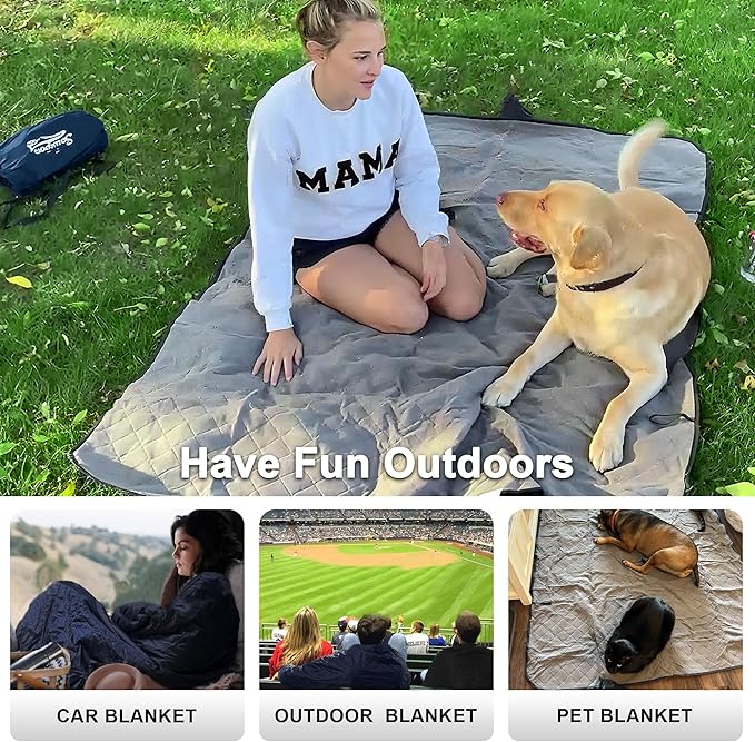 Waterproof Outdoor Blanket 92”X 60” Packable, Stadium Blankets for Camping with Quilted Fleece Lining, Large Windproof Emergency Throw Mat for Garss Picnic Hiking Road Trip, Machine Washable, Navy