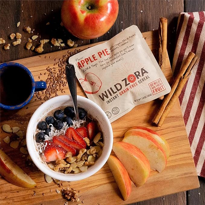 Wild Zora Instant Grain-Free Hot Cereal - Tasty Paleo Friendly Cereals, Instant Hot Meal, Breakfast to Go, Oatmeal Substitute, No Added Sugar, Grain, Dairy, or Soy, Gluten Free, Apple Pie, 5-pack