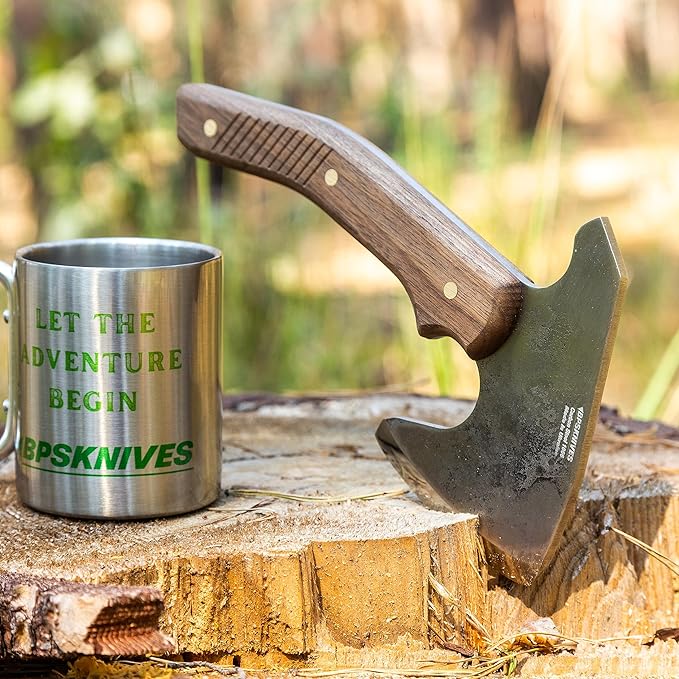 BPS Knives Bushcraft Axe with Leather Sheath - Full Tang Camping Axe - Survival Carbon Steel Hatchet - Small Wood Carving Axe - Camping Axe for Chopping Wood and Gardening