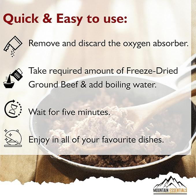 MOUNTAIN ESSENTIALS Freeze-Dried Ground Beef ??Pre-Cooked and Ready-to-Eat Hamburger Meat | Everyday Meal Prep, Emergency Food Supply, Camping and Survival Food | 10 Servings per Pouch | Made in USA | 7-Year Shelf Life | Pack of 1