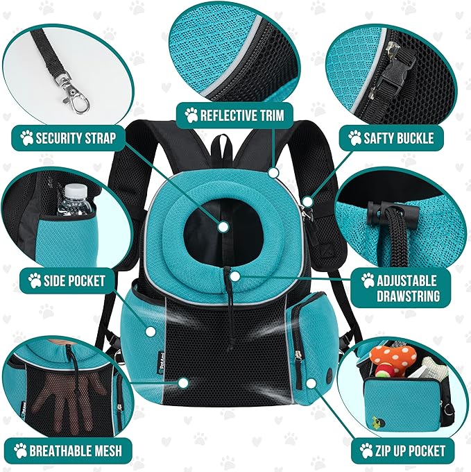 PetAmi Front Carrier Backpack, Ventilated Adjustable Pet Chest Carrier for Dog Cat, Hiking Camping Travel, Small Puppy Medium Cat Carrying Bag, Max 10 lb, Sea Blue