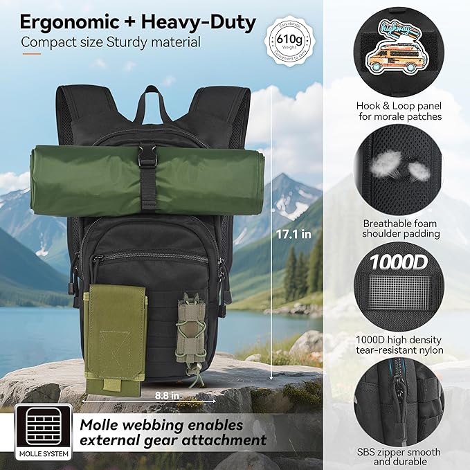 MARCHWAY Tactical Molle Hydration Pack with 2.5L TPU Water Bladder, Low-Profile Organized Military Backpack for Hiking, Cycling, Backpacking, Hunting, Running
