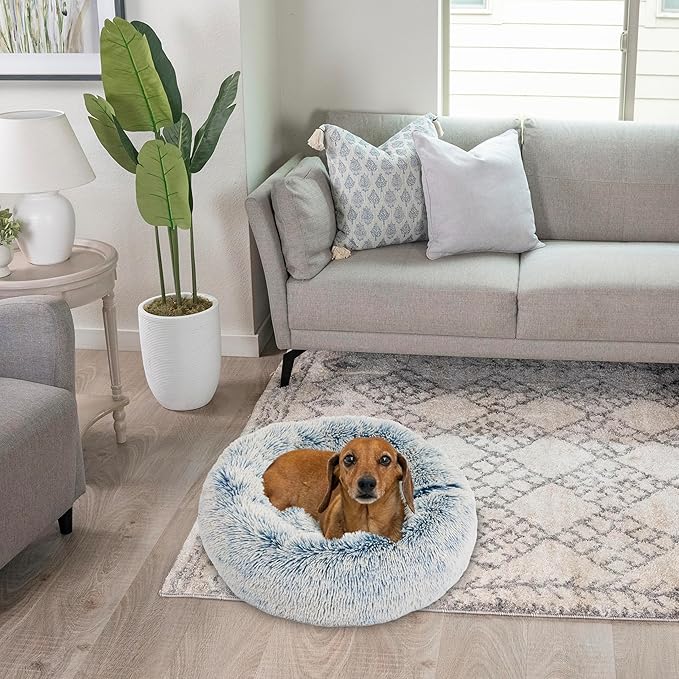 Best Friends by Sheri Original Calming Donut Dog and Cat Bed, Shag Faux Fur, Denim Blue, (23in x 23in) - Anxiety Relief for Pets Up to 25 lbs