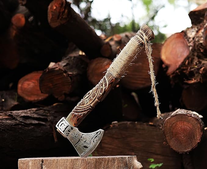 Wazir Crafts Viking Axe |Carbon Steel Engraved Blade with 18″ Wooden Handle & Leather Sheath | Collectible Norse Design Hatchet for Camping & Gifting (WCA-014)