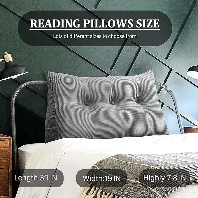 8 lbs Thickened Twin Wedge Pillow Headboard, College Dorm Bed Triangular Reading Pillow, Bed Bolster Pillow for Sitting in Bed, Dorm Bedding Essentials for Girls & Boys, Cordury Gray