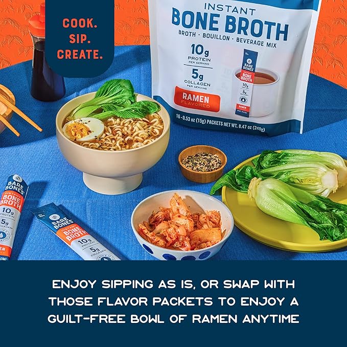 Bare Bones Bone Broth Instant Powdered Beverage Mix, Ramen, Pack of 16, 15g Sticks, 10g Protein, Keto & Paleo Friendly, Non-GMO, Gluten-Free, Dairy-Free