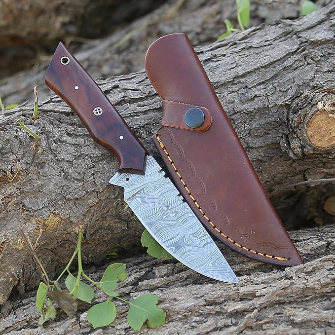 Custom Handmade Damascus Fixed Blade,Full Tang Hunting Knives With Leather Sheath (Gift) For Outdoor Camping. (Rose Wood Handle), PCL-0078