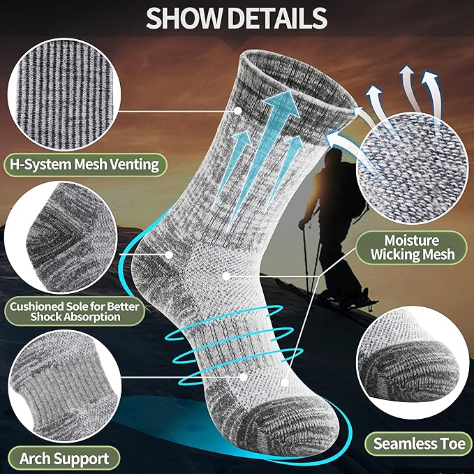 Anlisim Merino Wool Hiking Socks for Women Thermal Winter Warm Boot Work Cushion Socks 5 Pairs