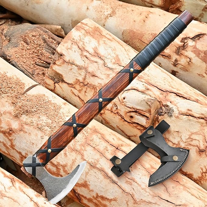 22-Inch Hand-Forged Viking Bearded Axe with Sheath – Survival & Camping Hatchet for Men – Best Gift (Brown Ragnar)