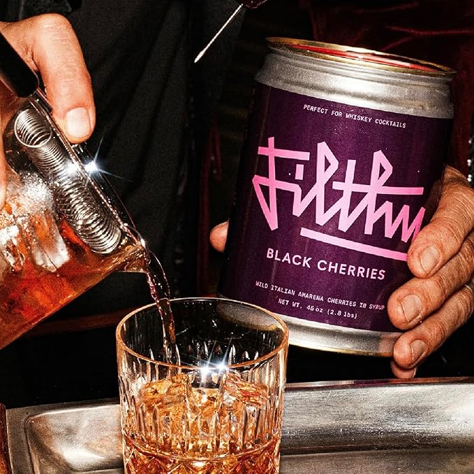 Filthy Cocktail Amarena Black Cherries, Premium Cocktail Garnish, All Natural Wild Italian Amarena Black Cherry, Non-GMO, Gluten Free, Vegan, Slow-Cooked, 45 Oz Tin, 170 Cherries
