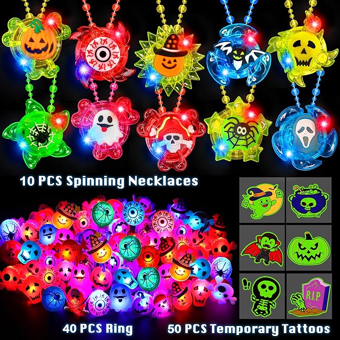 100PCS Halloween Party Favors for Kids Boys Girls, Glow LED Halloween Toys Bulk Light Up Necklace Rings Goodie Bag Fillers Stuffers Halloween Treats Non Candy Classroom Prizes Trick or Treat