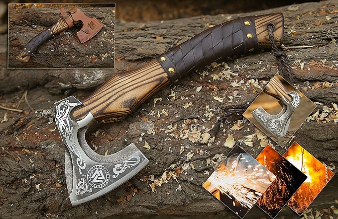 13??Inch Hand-Forged Viking Axe- Ash Wood Handle Hatchets and Axes with Leather Wrap, Wood Splitting Axe, Camping Axe, Throwing Axes and Tomahawks - Gift for Him (Valknut)