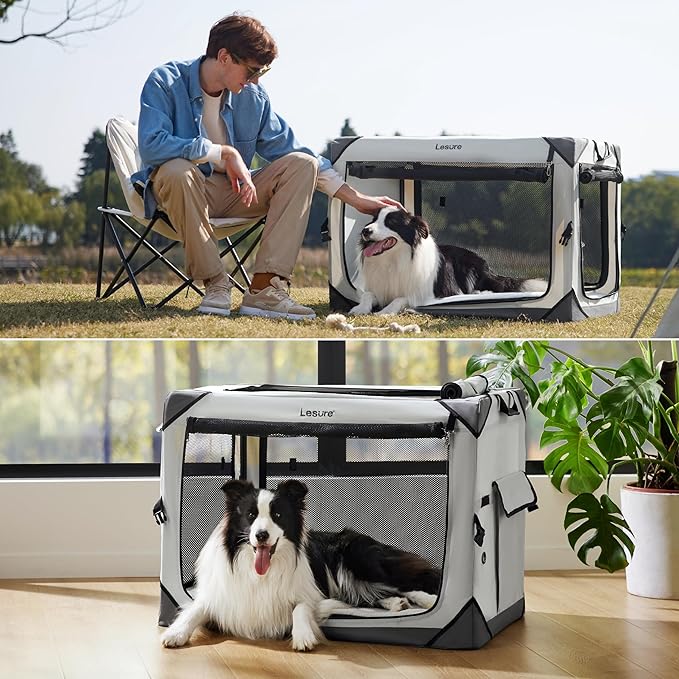 Lesure Collapsible Dog Crate - Portable Travel Kennel for Large Dog, 4-Door Pet Crate with Mesh Windows, Indoor & Outdoor, Light Gray