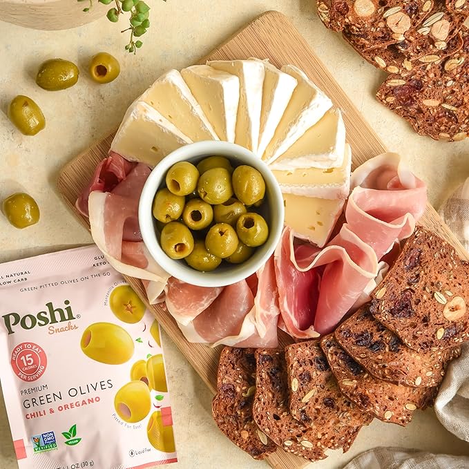 POSHI Green Pitted Olives - Chili & Oregano | Vegan, Kosher, Gluten Free + Keto Friendly, Fresh, All Natural Low Calorie Healthy Snacks | (30 Pack, 1.1oz Bags)