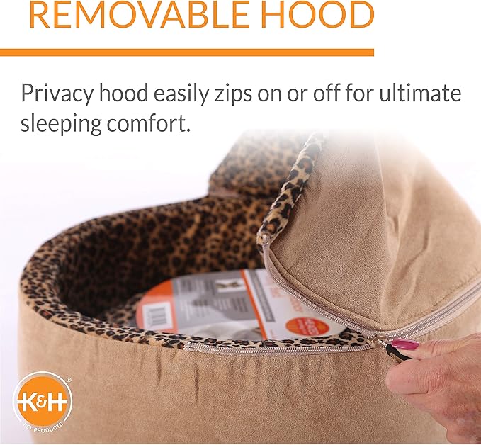 K&H Pet Products Thermo-Kitty Bed Deluxe Heated Cat Bed for Large Kitties - Indoor Heated Pet Bed for Dogs & Cats, Covered Cave Pet Tent, Machine Washable, Safety Listed - Large 20in Tan/Leopard