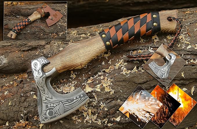 13??Inch Valhalla Axe ??Carbon Steel Viking Axe Head with Engraved Handle, Hatchet Axe with Genuine Leather Sheath and Wrap, Camping Axe, Throwing Axe -Viking Gift for Men