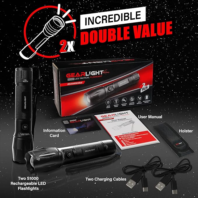 GearLight S1000 LED Tactical Flashlight - High Lumens, USB-C Fast Charging, Dual-Button, IPX4 Water-Resistant, Pocket-Sized for Camping & Emergencies with Batteries - 2 Pack, (Rechargeable)