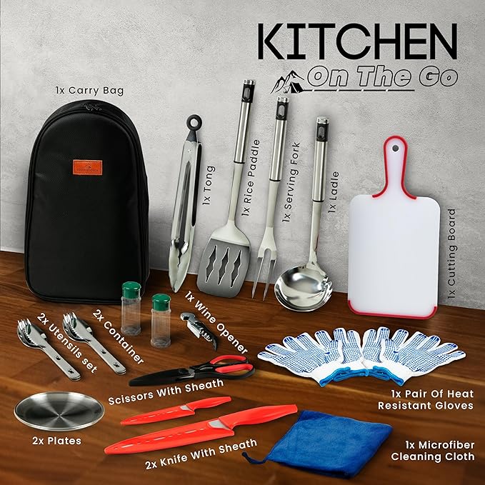 Camping Utensils Set, 21pcs Camp Cooking Kit with BBQ Tools, Knife Set & Spice Kit ??Heat-Resistant Cutting Board, Dishwasher-Safe Cutlery for Outdoor, Hiking, Backpacking