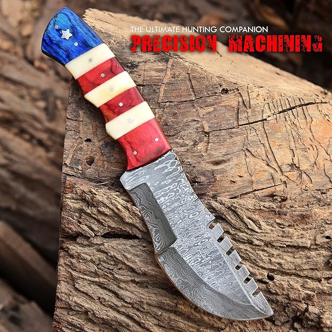 Damascus Steel Fixed Blade Tracker Hunting Knife With Horizontal and Scout Carry Leather Sheath - Full Tang Tactical Survival Bushcraft Knives for Men - American USA TX Flag Handle Knife for Camping