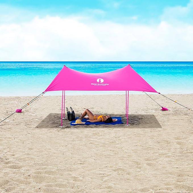 Red Suricata Family Beach Parasol - Sun Shade Canopy | UPF 50 UV Protection | Tent with 4 Aluminium Poles, 4 Pole Anchors, 4 Sandbag Anchors | Large & Portable Shelter Tarp