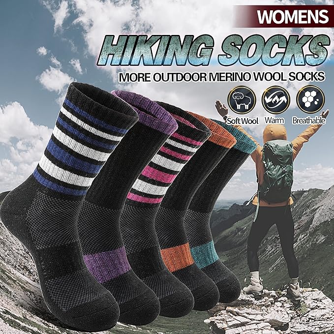 Anlisim Merino Wool Hiking Socks for Women Thermal Winter Warm Boot Work Cushion Socks 5 Pairs