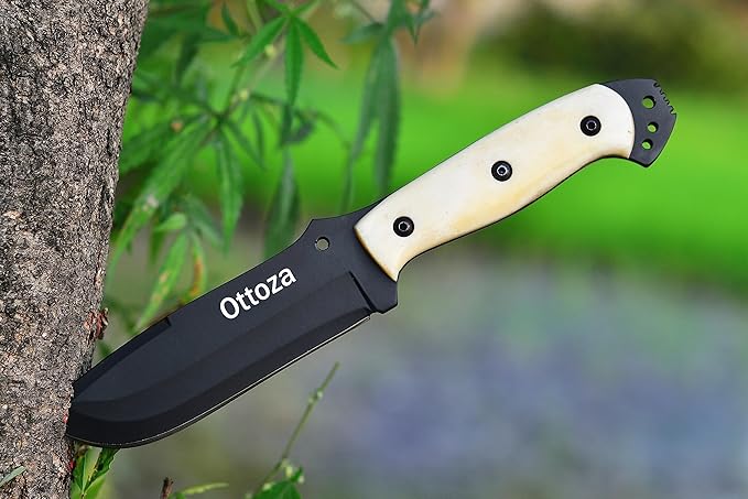 Ottoza Fixed Blade Hunting Knife with Leather Sheath and Horizontal Carry - Full Tang Outdoor Survival and Camping Knife for Men - Bone Handle 354