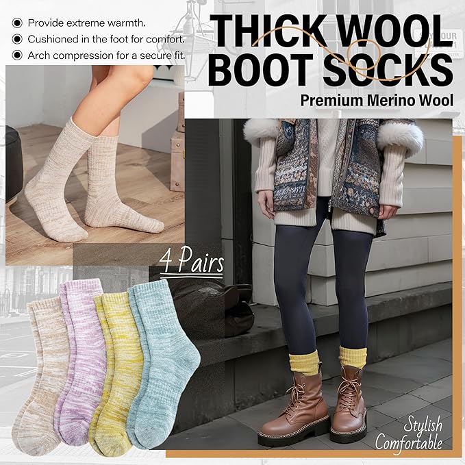 Anlisim Merino Wool Warm Boot Hiking Socks Thermal Extra Thick Winter Cozy Crew Comfy Cushioning Work Women Men Socks 4 Pairs
