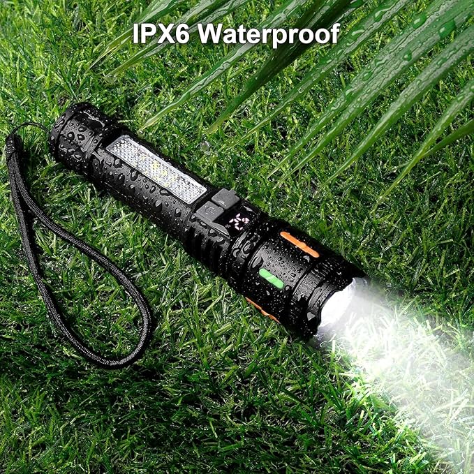 Rechargeable Flashlight High Lumens 900,000L, Super Bright LED Handheld Flashlights, Battery Powered Tactical Flash Light with 5 Modes, Cob Side Light, USB C, Waterproof for Home, Emergency