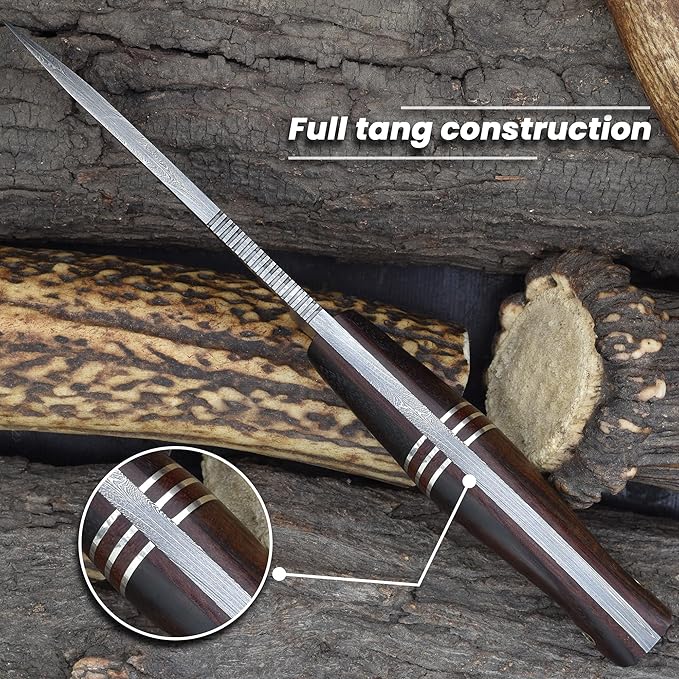 Knives Ranch Premium Hunting Knife - Handmade - 3/16" Full Tang Damascus Blade - Excellent Edge Retention - Rosewood Handle - Heavy-Duty Leather Sheath (3197-IRW)