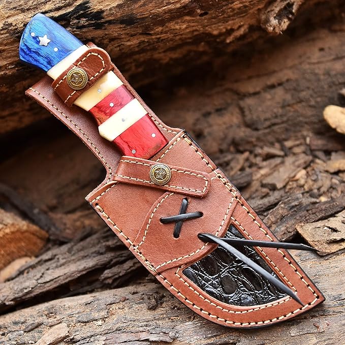 Damascus Steel Fixed Blade Tracker Hunting Knife With Horizontal and Scout Carry Leather Sheath - Full Tang Tactical Survival Bushcraft Knives for Men - American USA TX Flag Handle Knife for Camping