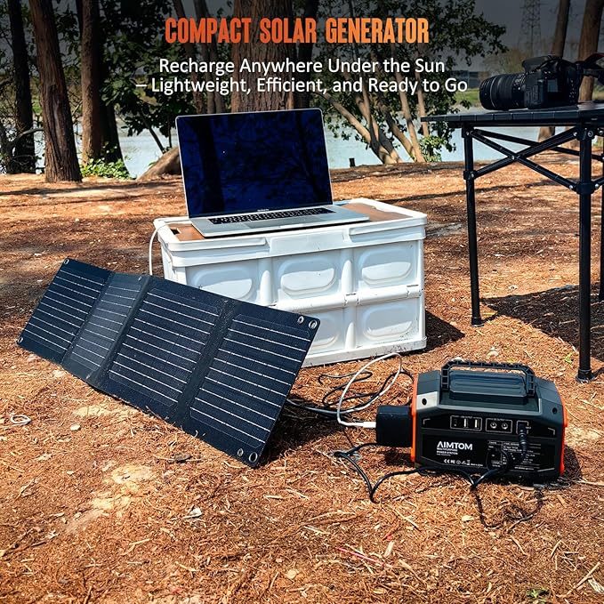 AIMTOM 200W Portable Power Station with 30W Solar Panel Bundle ??173Wh Lithium Battery, 250W Peak AC, USB-A, USB-C and 12V DC Outputs, High-Efficiency Solar Generator for Camping RV Emergency Backup