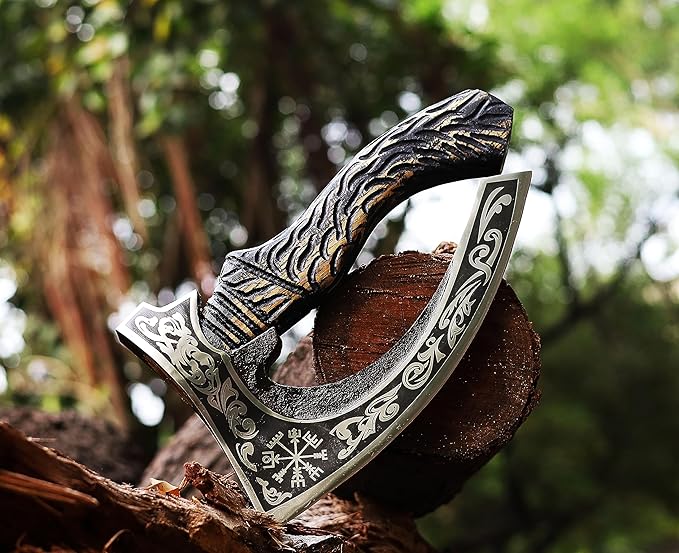 Viking Pizza Axe | Engraved Blade Pizza Cutter with Rosewood Handle & Leather Sheath | Norse Style Collectible Kitchen Tool & Gift for Pizza Lovers (WCA-027)