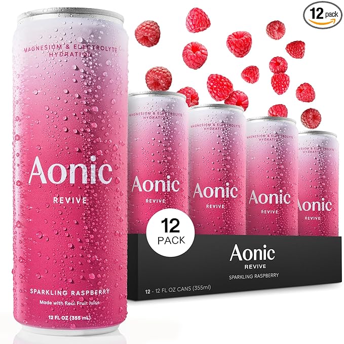 Aonic Revive Sparkling Raspberry ??Functional Hydration Drink, Magnesium + Potassium Electrolytes, Delicious Taste, Real Fruit Juice, 12oz (12 Pack)