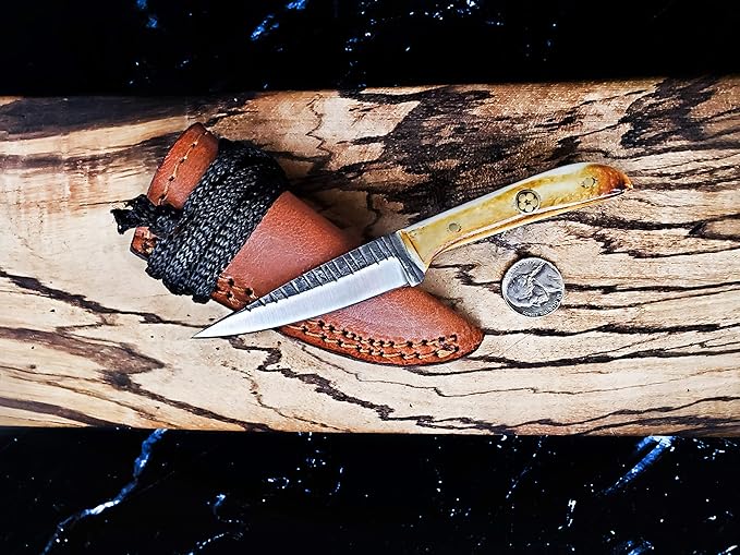 Titan International Knives Skinning Knife TC-30 Carbon 1080 Steel | Handmade Utility Neck Knife EDC | Fixed Blade Color Coated & Hand Pounded | Leather Sheath with Neck String