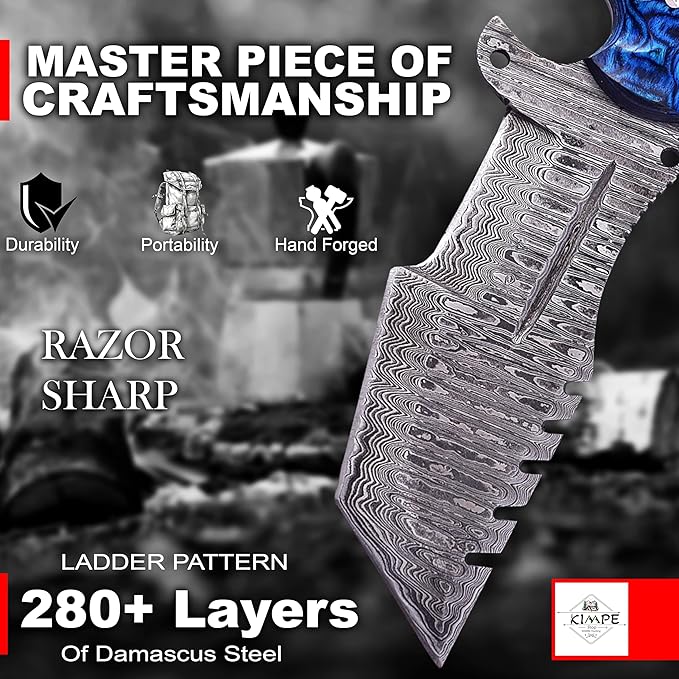 KIMPE 10.5?™â€?Damascus Hunting Knife with Leather Sheath-Fixed Blade EDC Knife-Bushcraft Knives-Wood Handle-Best Camping & Survival Knives-Knives for Men. (Pakka-Blue)