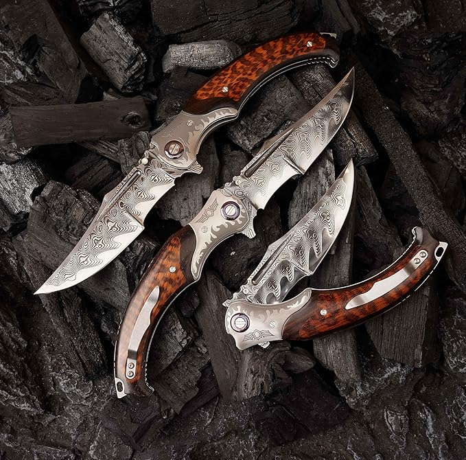 4.6in Damascus steel blade, ebony inlaid with serpentine wood handle with leather pocket folding knife, suitable for camping cutting