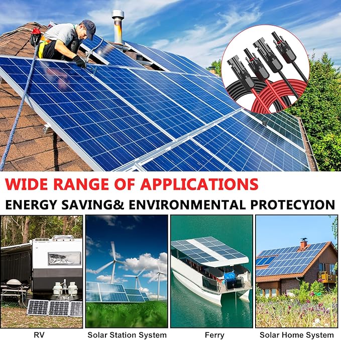 2x70 Feet Solar Panel Extension Cable, 10AWG Solar Cable, Solar Panel Cable with Female and Male Waterproof Connectors for RV, Photovoltaic Systems (70FT Red + 70FT Black)